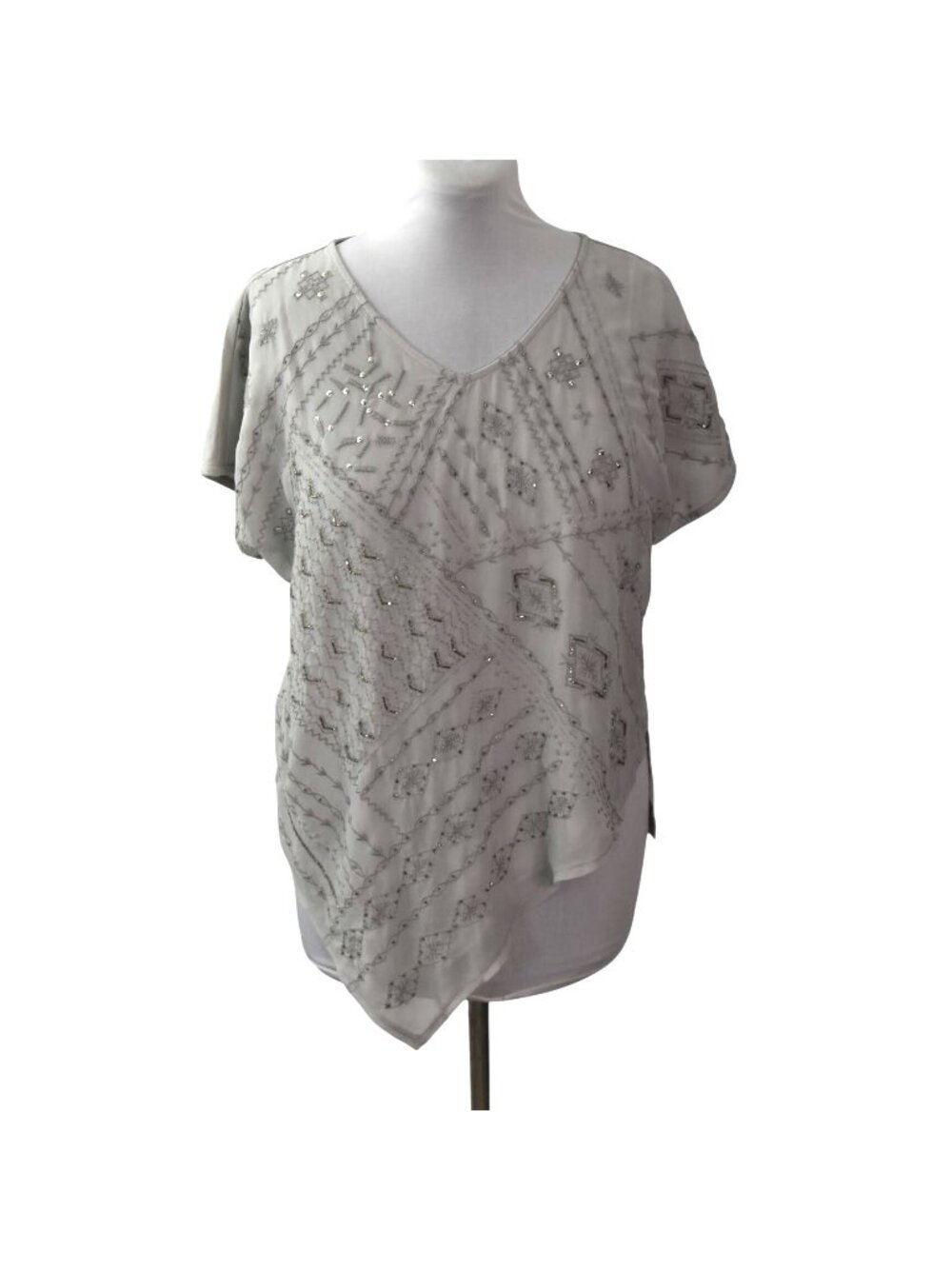 Chicos Gray Embellished Top V Neck Sequin Asymmetrical Blouse Size M Chicos 1